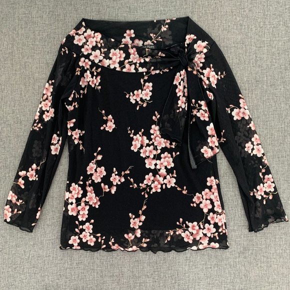Jessica Max Floral Black Blouse Long Sleeve Mesh Material Tie on the side Neck - Picture 1 of 13